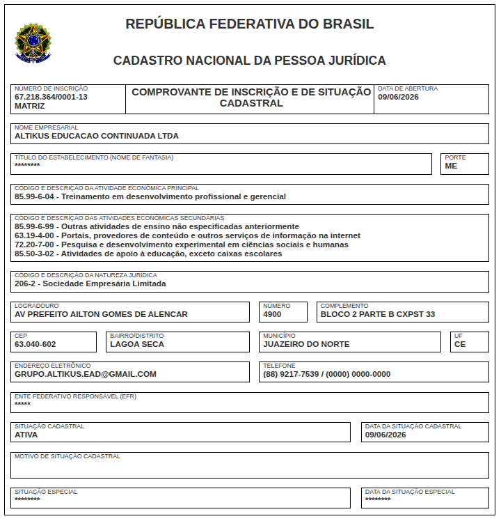 Comprovante de registro da empresa