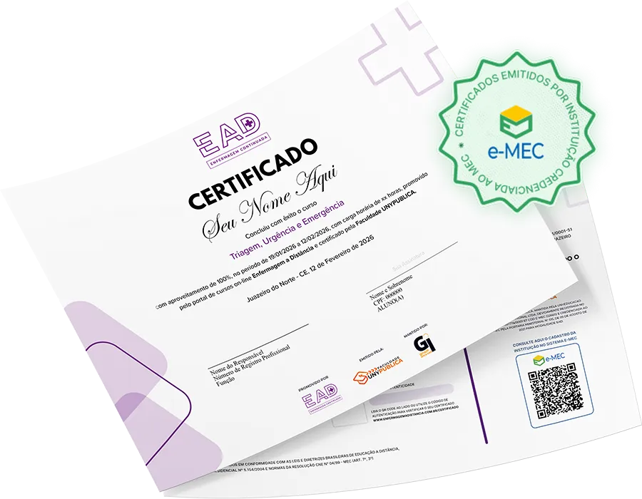 Modelo de certificado oficial emitido pela UNYPÚBLICA em parceria com EAD Enfermagem