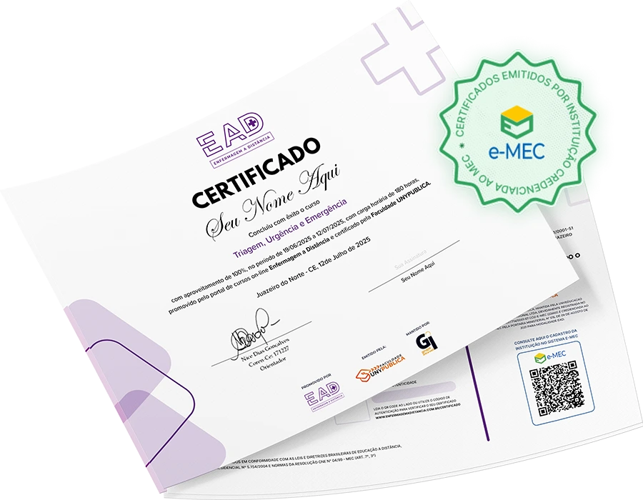 Modelo de certificado oficial emitido pela UNYPÚBLICA em parceria com EAD Enfermagem